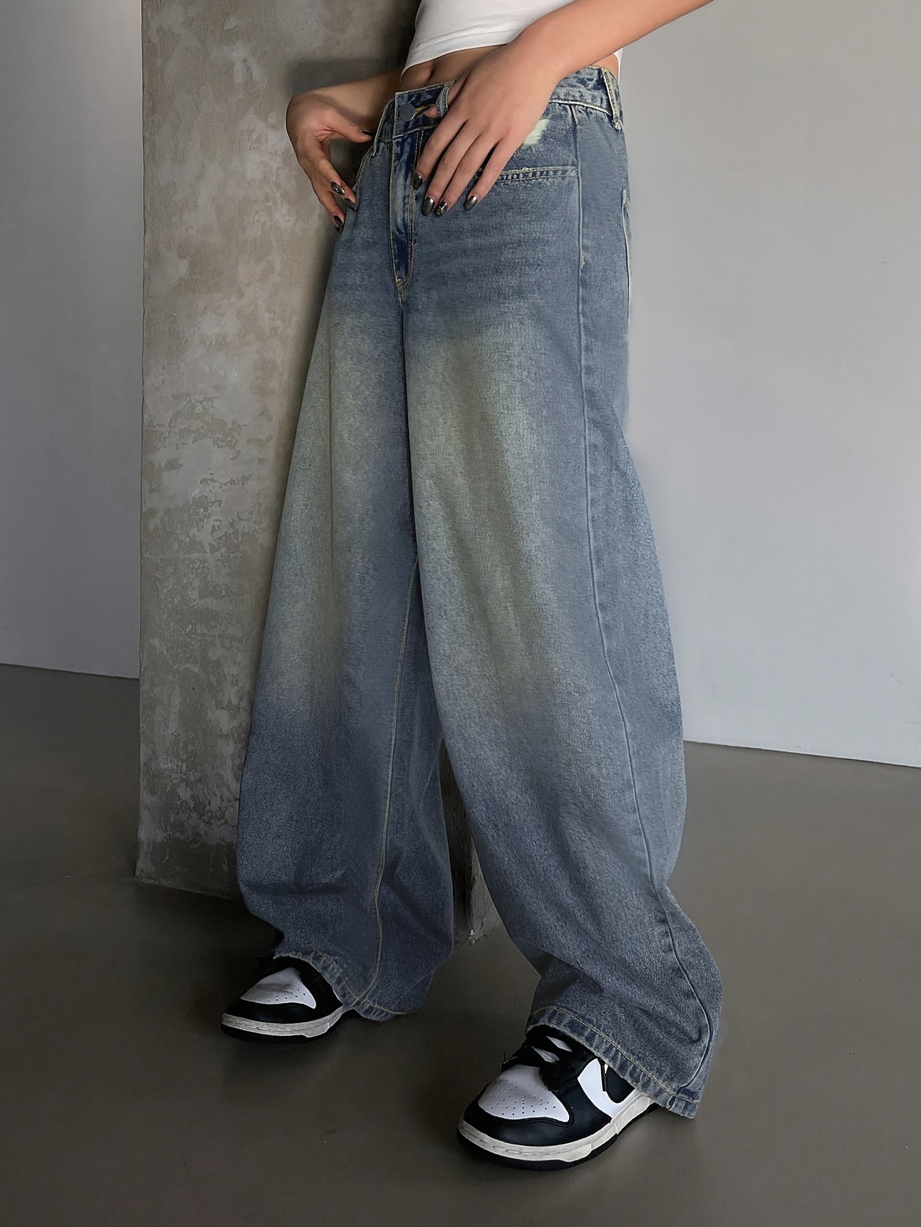 👖 Women's Vintage Washed Blue Denim Wide Leg Jeans 👖