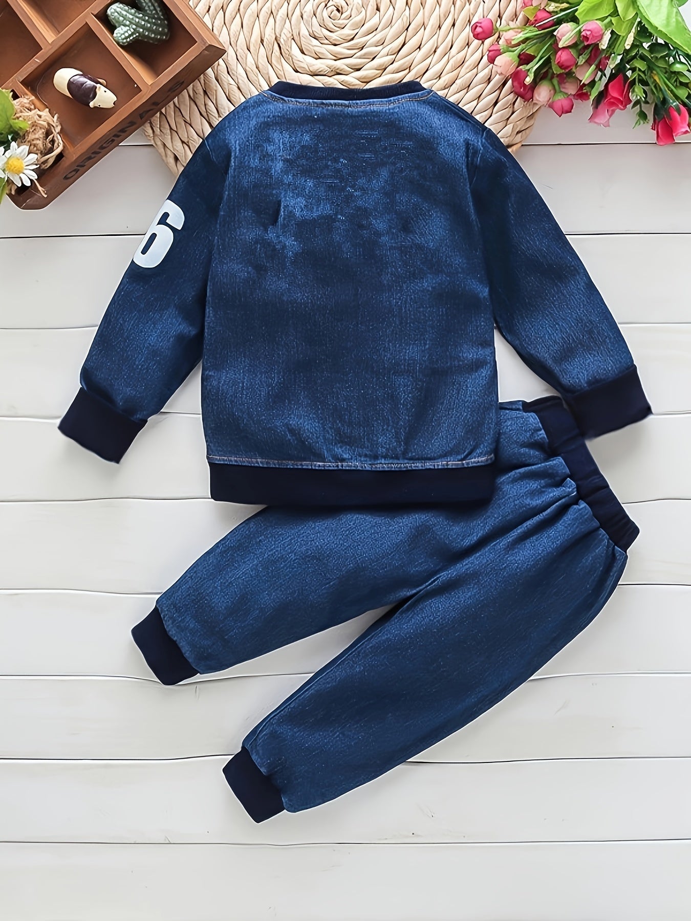 🌟 2PCS Baby's Casual Letter Print Denim Varsity Jacket & Elastic Waist Jeans Set 👶👖