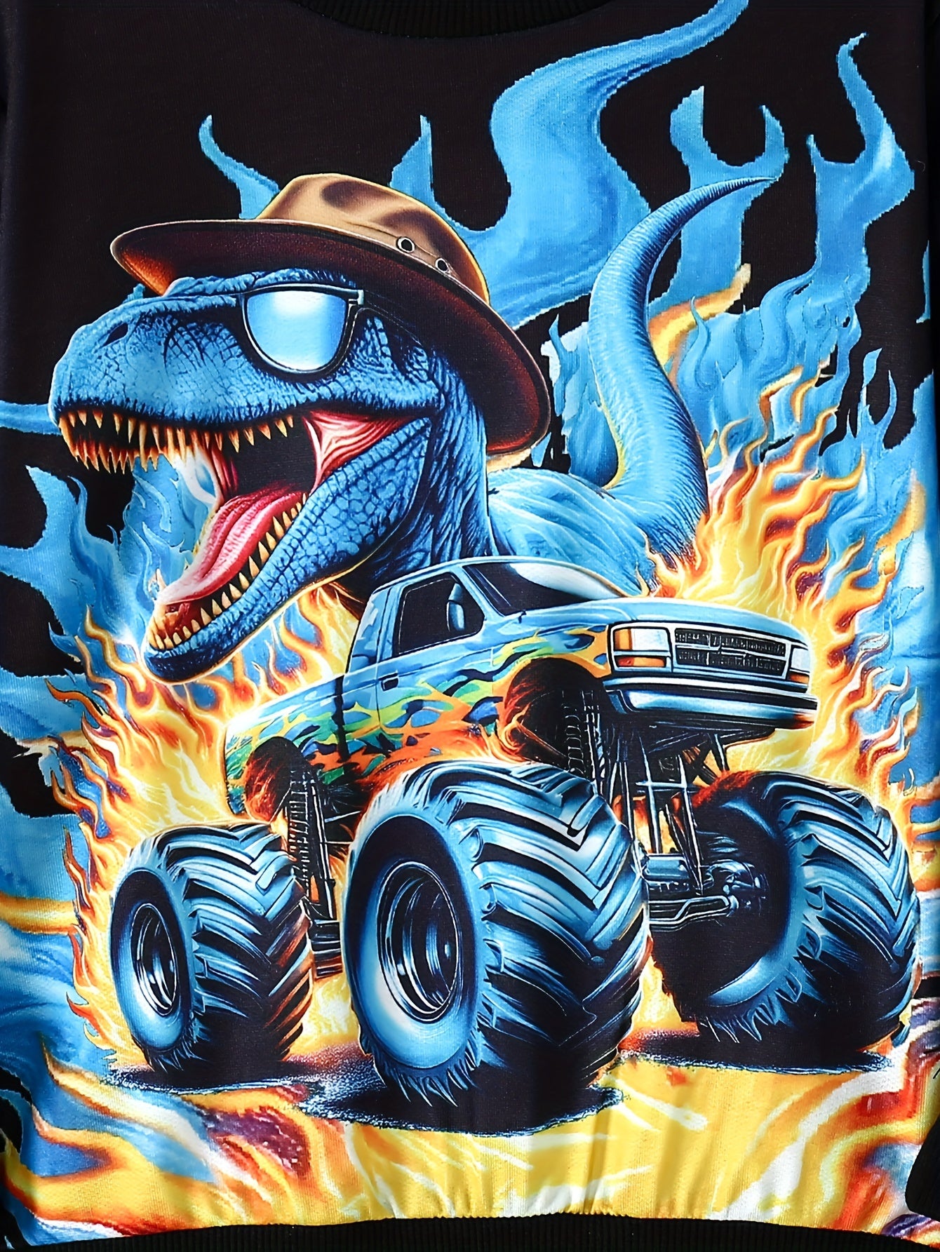 🚗🔥 Dinosaur Monster Truck Flame Pattern 2-Piece Set – Long Sleeve Sweatshirt & Pants for Boys 🍂