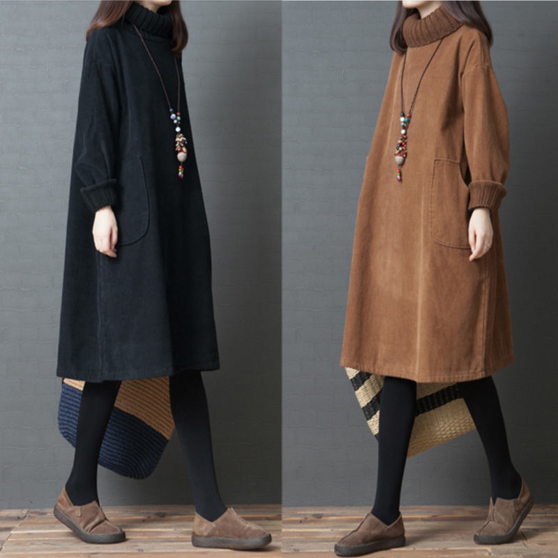 Autumn And Winter Plus Size Temperament Corduroy Turtleneck Dress