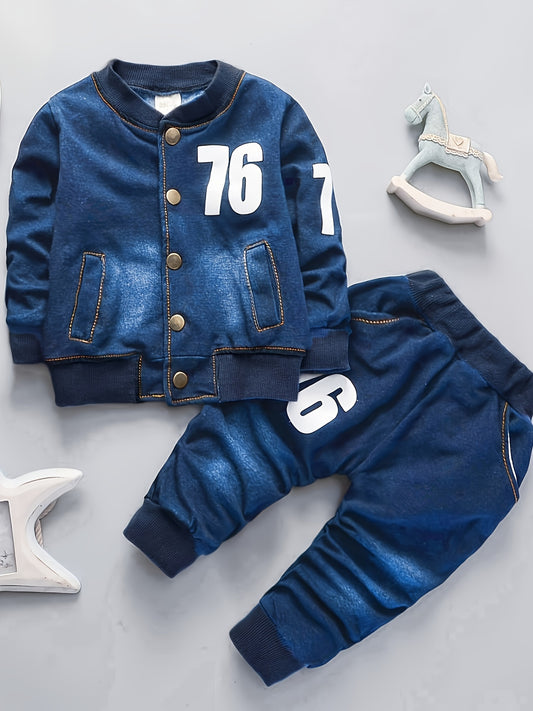 🌟 2PCS Baby's Casual Letter Print Denim Varsity Jacket & Elastic Waist Jeans Set 👶👖