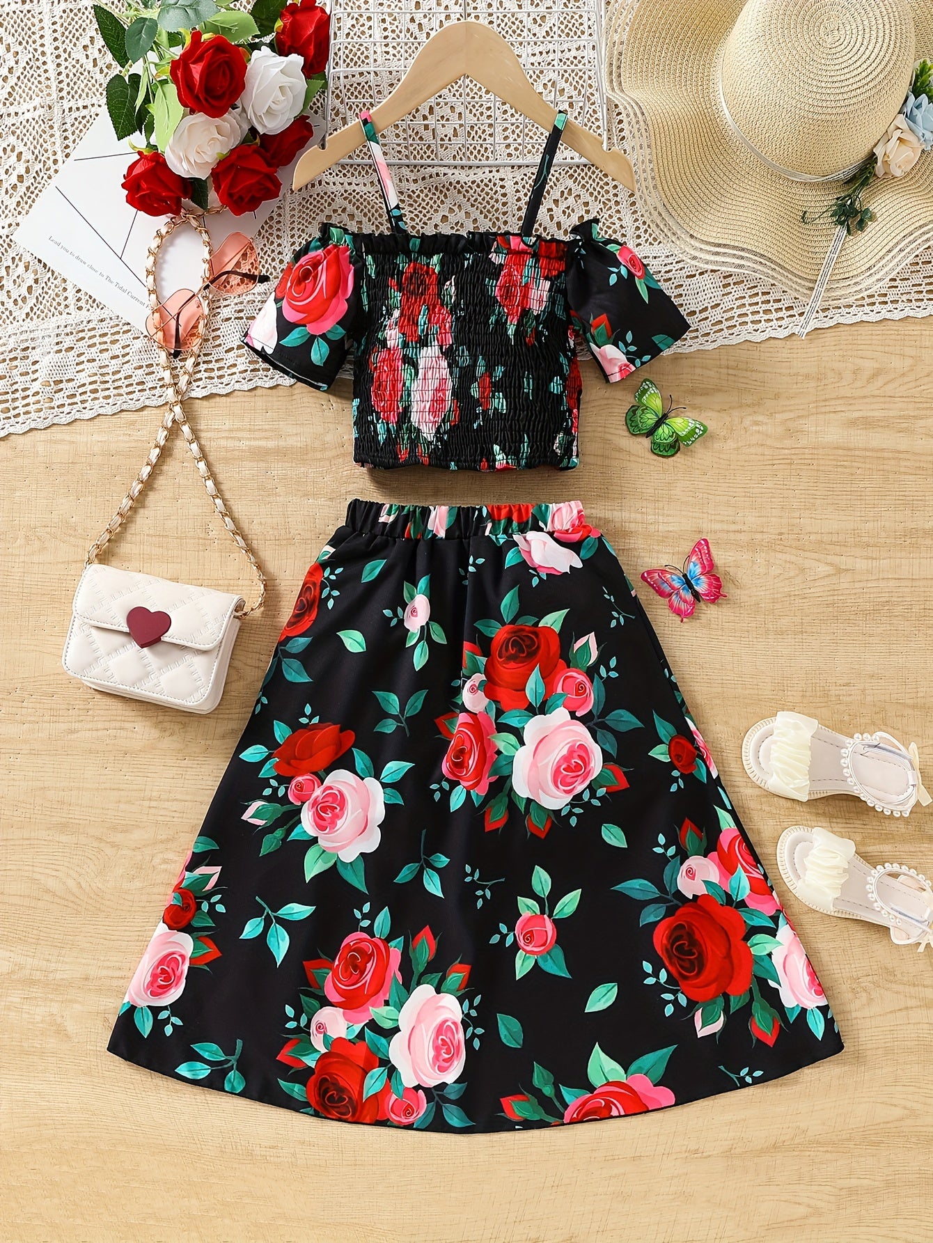 🌸 Girl's Romantic Floral Smocked Top + High-Low Shorts Set 🌺