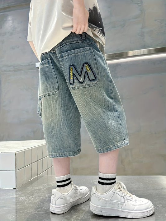 👕 Boys' Letter M Embroidered Denim Shorts