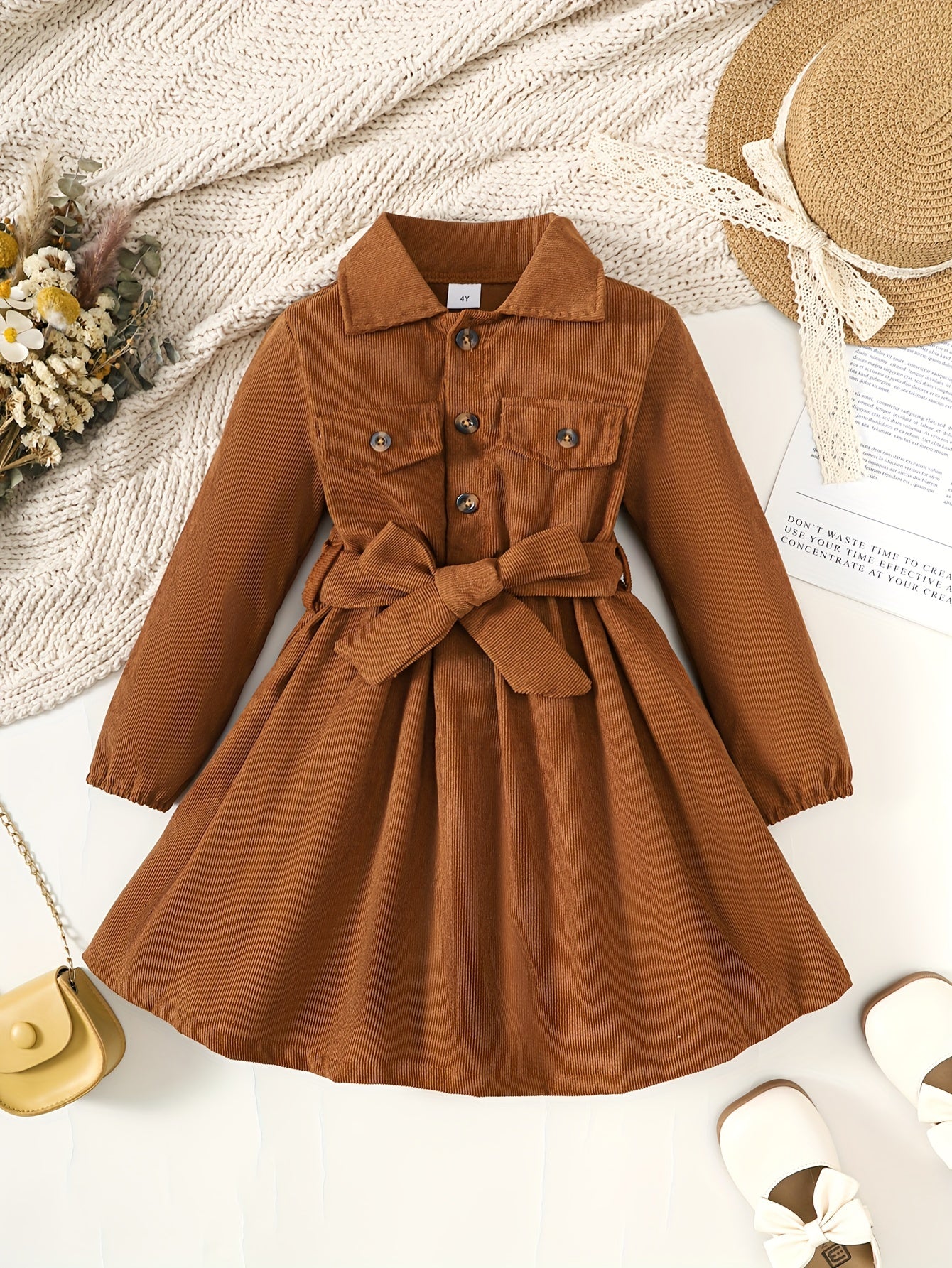 🎀 Toddler Girls' Solid Half Button Lapel Dress with Bow Belt 👗