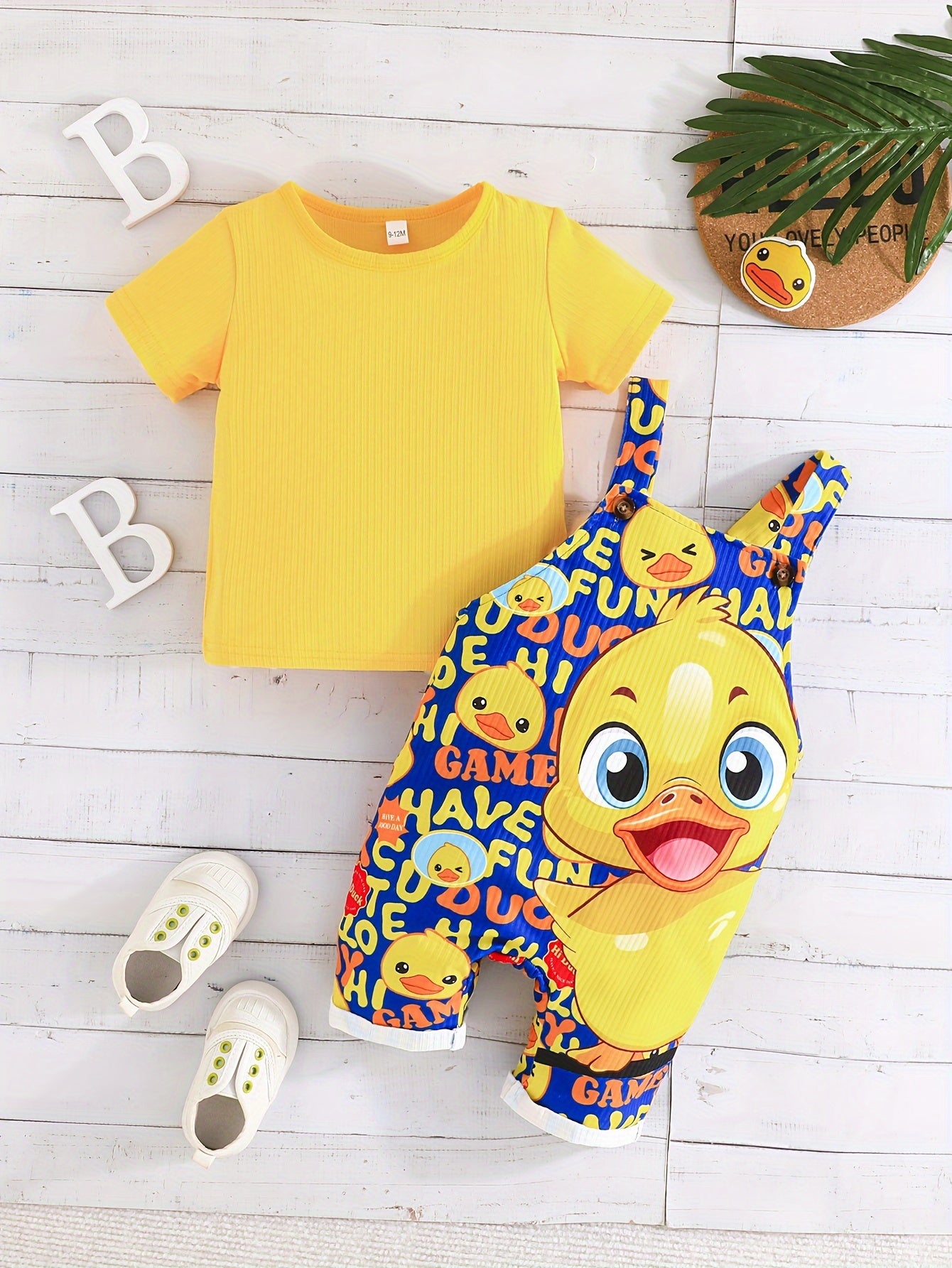 🦆 [Top-Rated] Adorable Duck Print Overalls & Solid Color Tee Set for Youngsters Boys 🌞