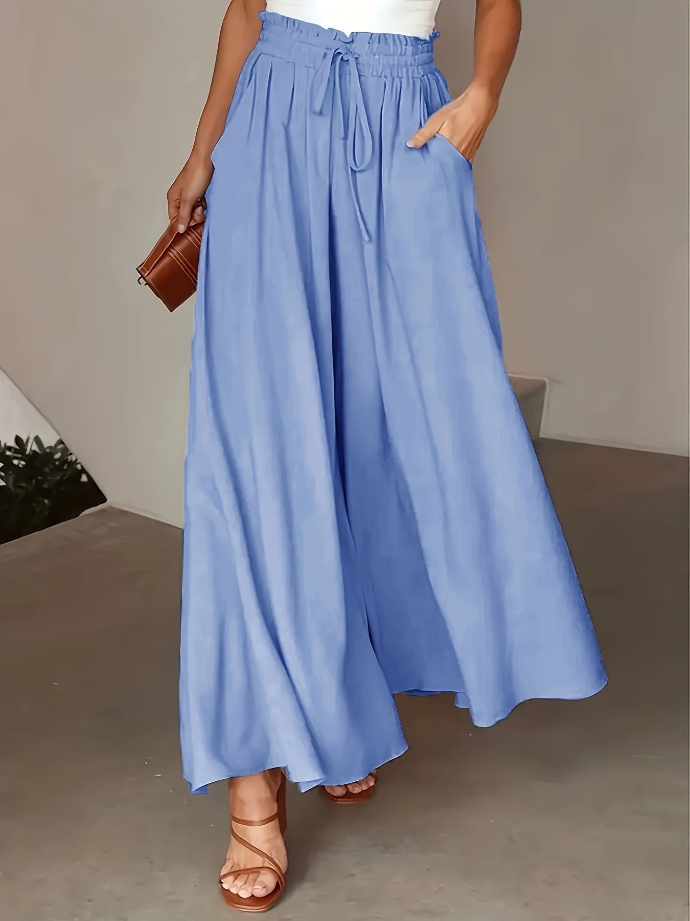 Elastic Waist Wide Leg Tied Pants