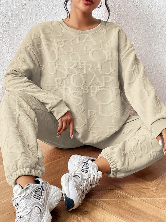 Textured Bliss™ Casual Two-Piece Set - Crew Neck Sweatshirt & Fitted Pants