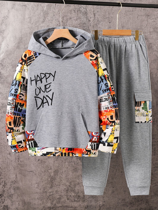 🎉 2pcs Boy's 'HAPPY ONE DAY' Splicing Graffiti Pattern Set