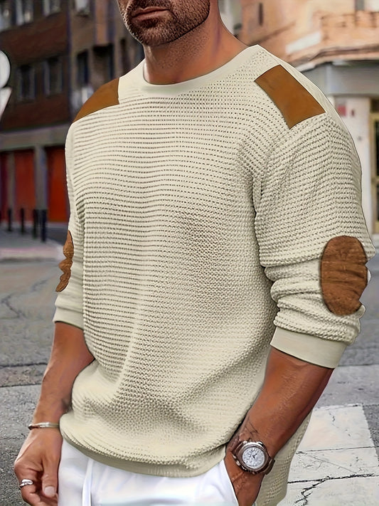 Men's Color Block Crew Neck Knit Long Sleeve T-Shirt with Elbow Patches