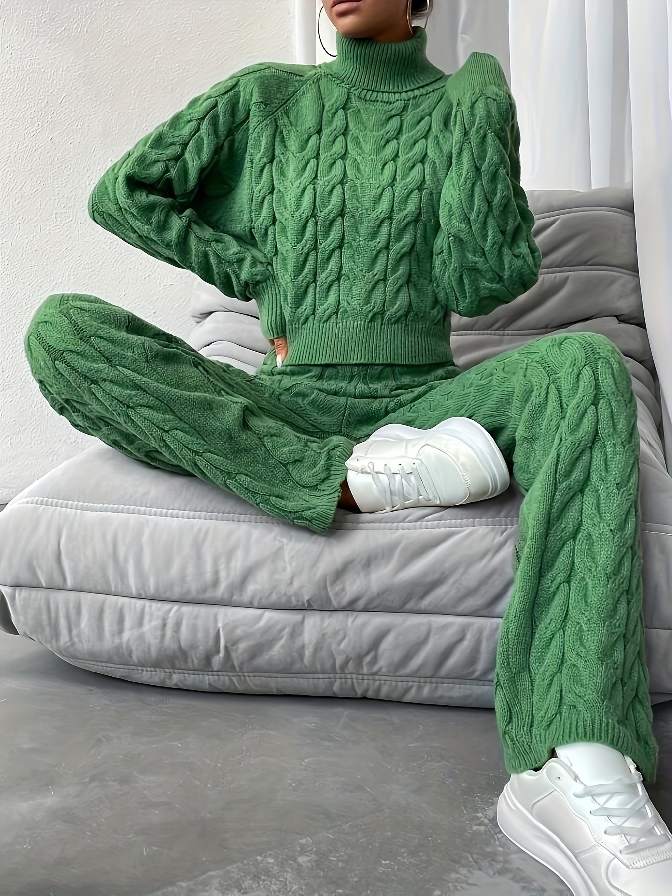 🧶 Elegance™ Solid Knitted Two-Piece Set - Turtle Neck Sweater & Pants