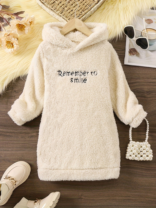 👗 Girls' Reversible Fleece Hooded Long Sleeve Dress with Letter Embroidery 👗