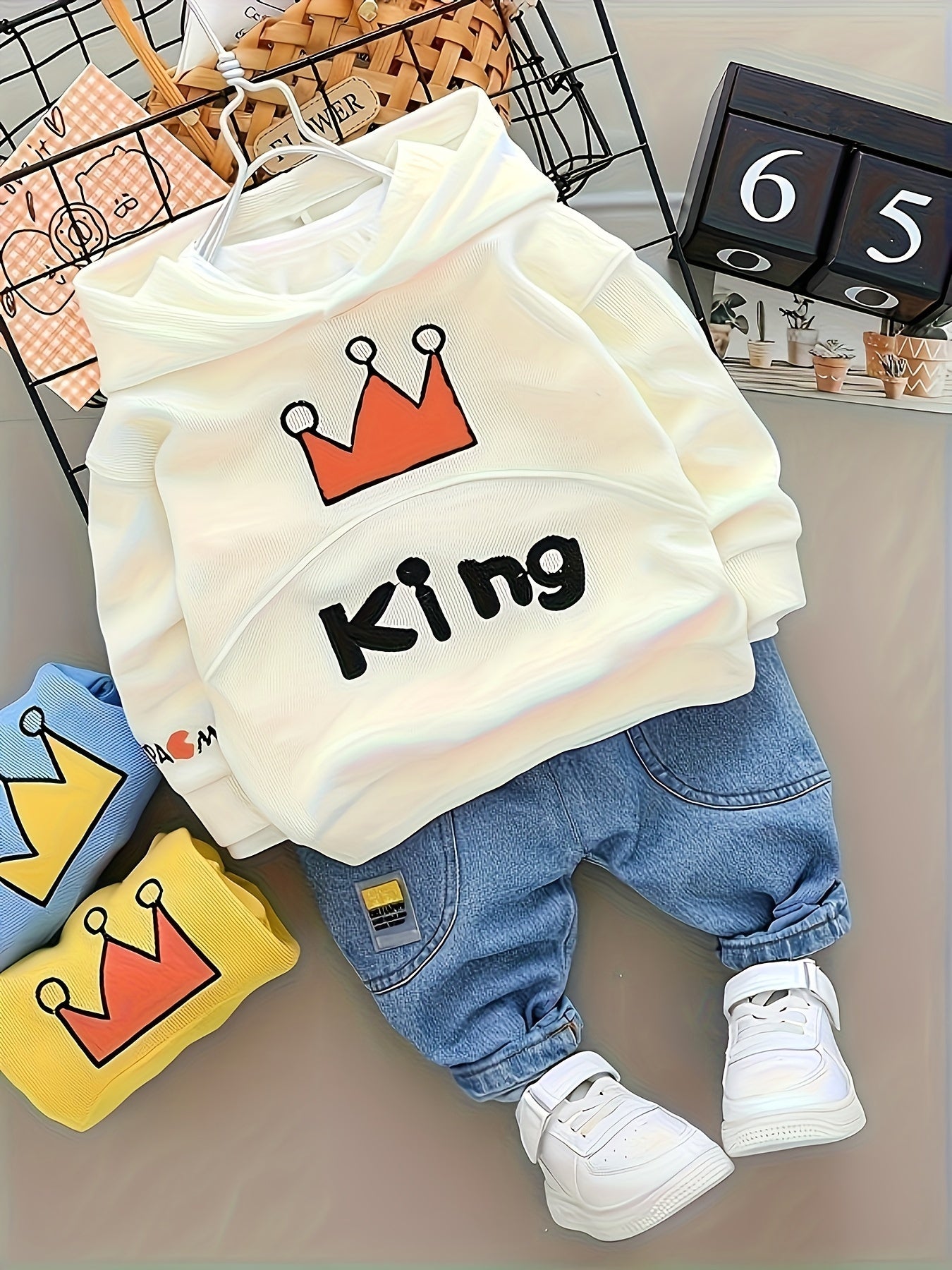 2pcs Baby's KING Crown Embroidery Hoodie & Casual Jeans Set 👑💙