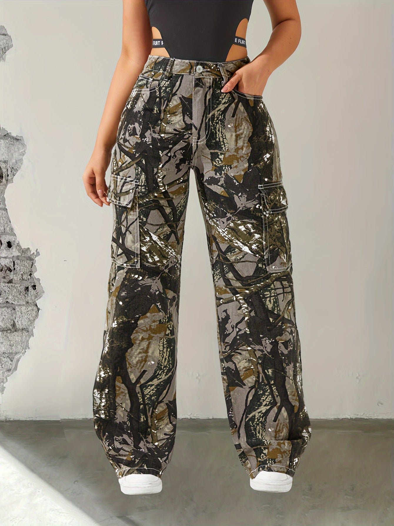 🌿 Chic Camouflage Cargo Pants with Branch Pattern