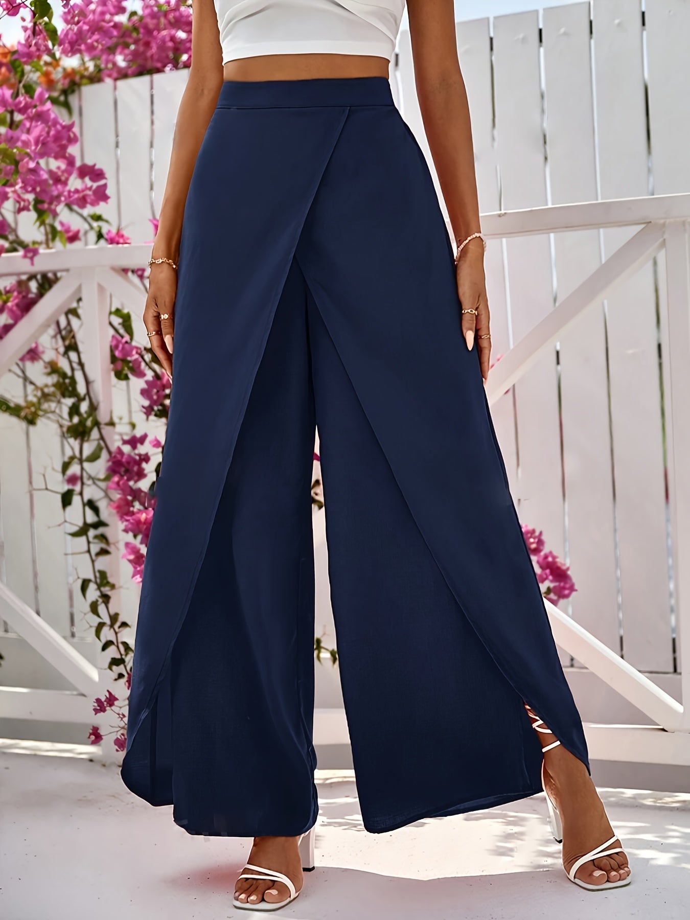 Elegant Wrap Solid Color Wide Leg Pants