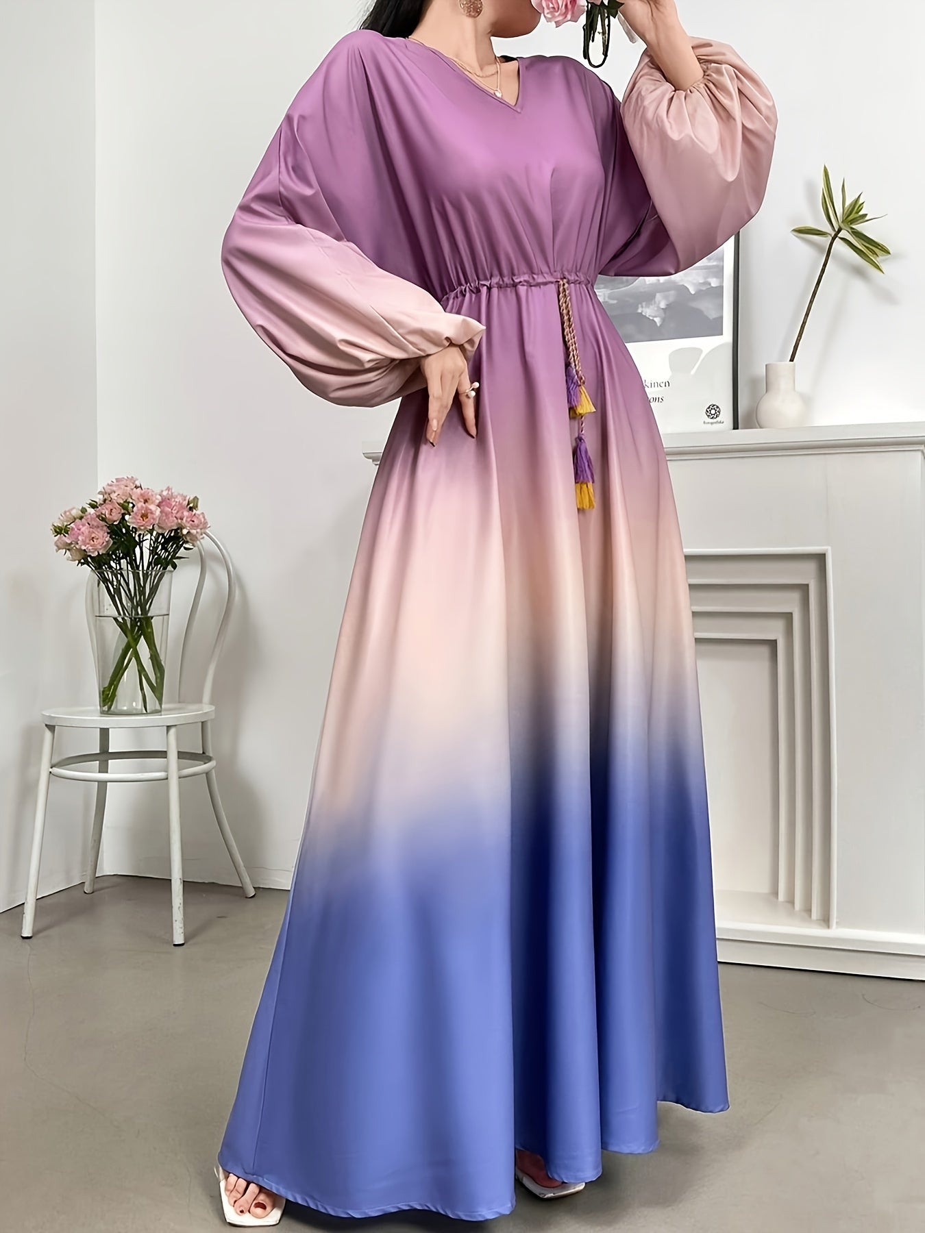 Sunset Glow Lantern Sleeve Maxi Dress