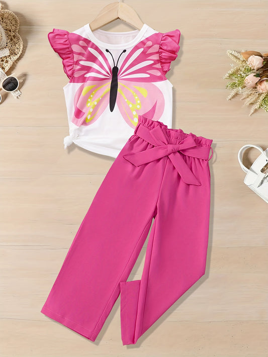 🦋 Butterfly Pattern 2-Piece Girls' Ruffle Tee & Straight Pants Set – Cute Spring/Summer Outfit 🌸