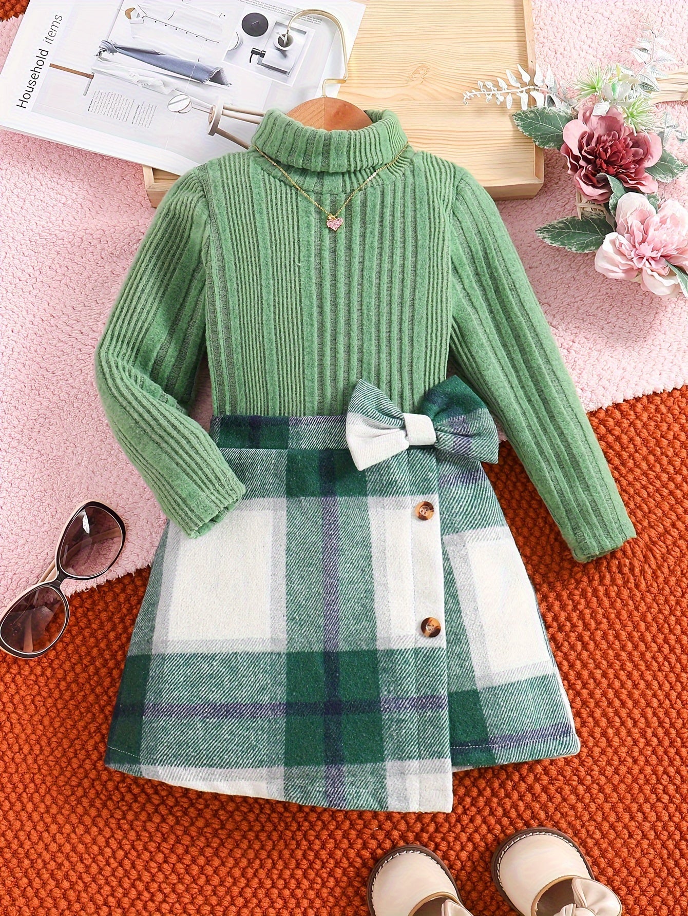 🍂 Elegant 2PCS Girls' Outfit Set: Solid Turtleneck Pullover + Plaid Skirt 🎀