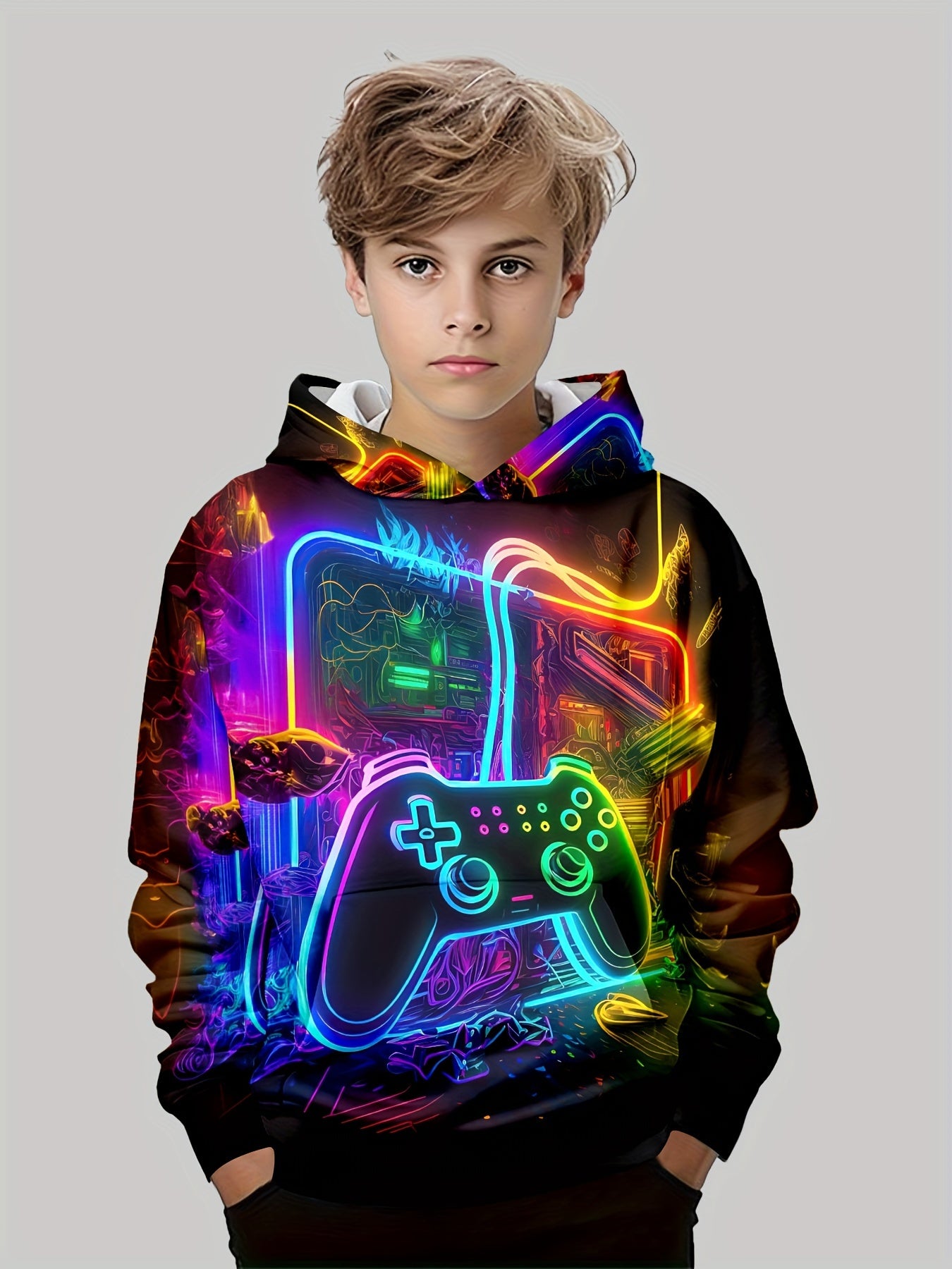 🎮 Boys' Vibrant Game Console Graphic Print Hooded Sweatshirt 🌟