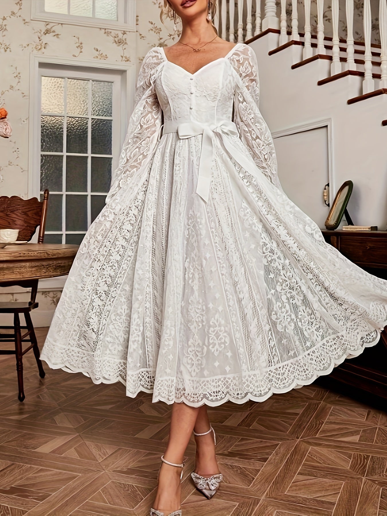 Guipure Lace Belted Sweetheart Dress