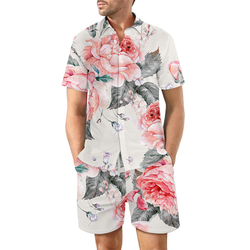 Surf Style Printed Beach Shirt Summer Suit: Loose Button Top and Drawstring Shorts Set