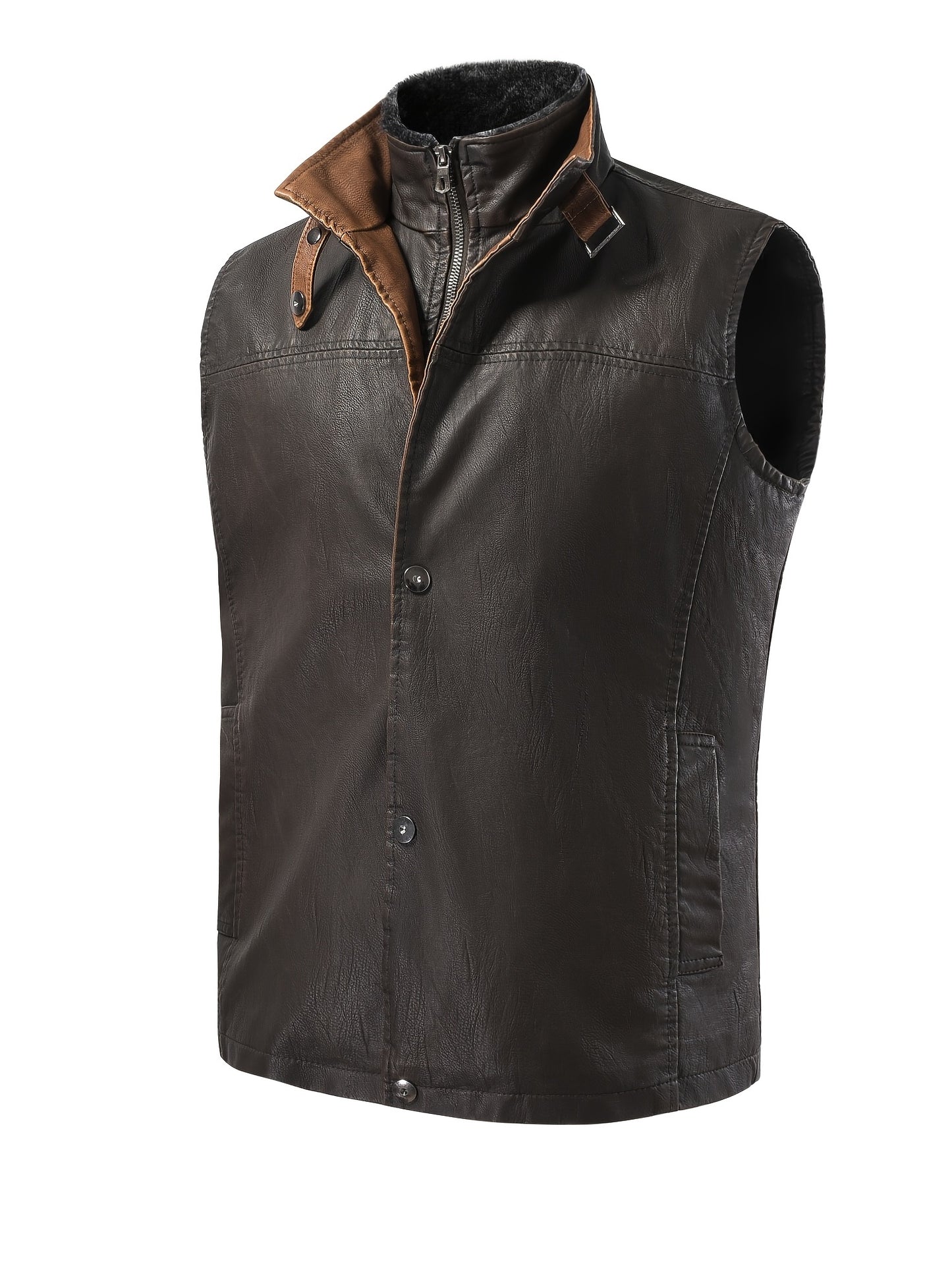 Versatile Plus Size Faux Leather Vest with Plush Collar 🧥✨