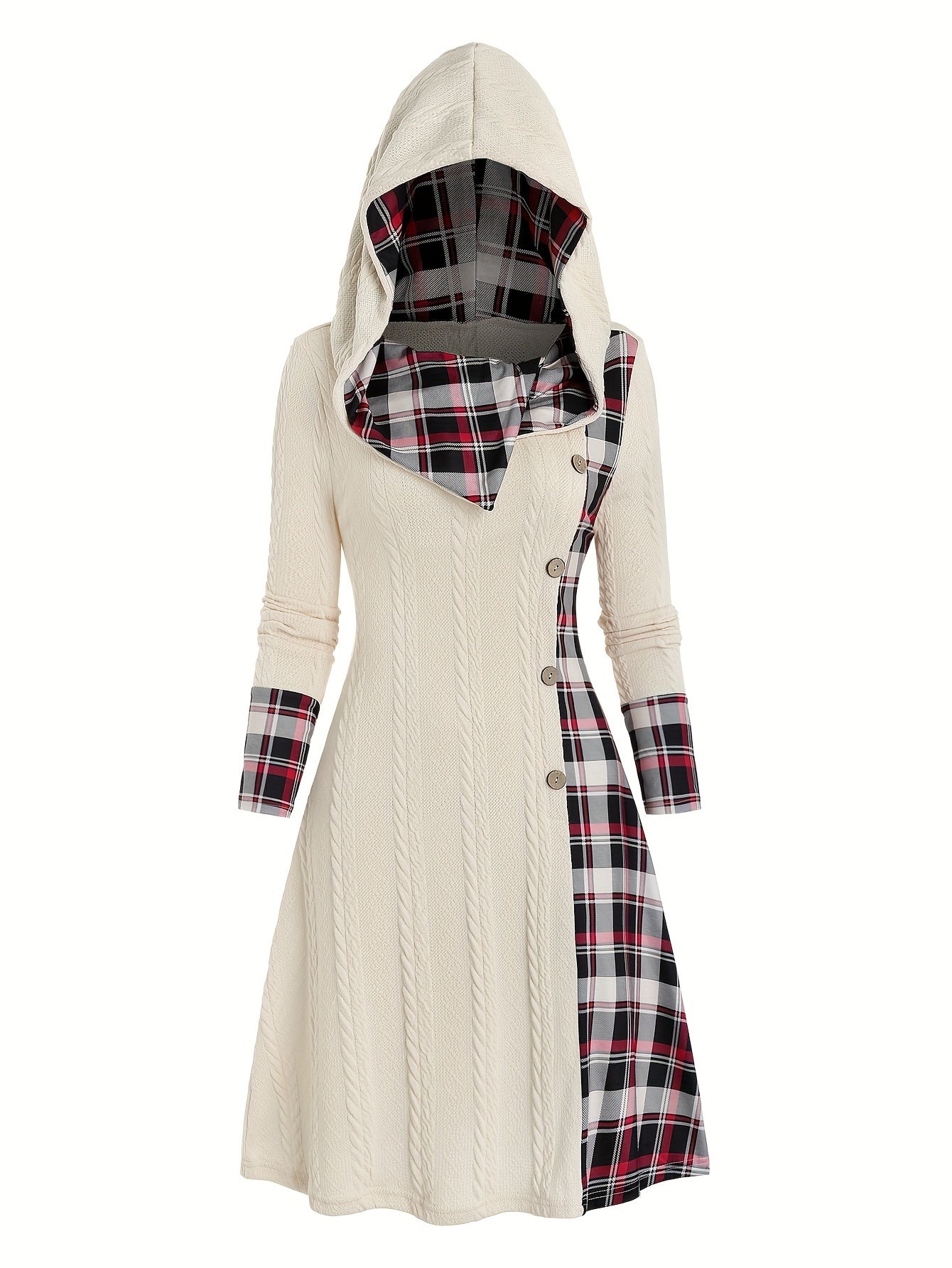 Plaid Print Splicing Hooded Dress