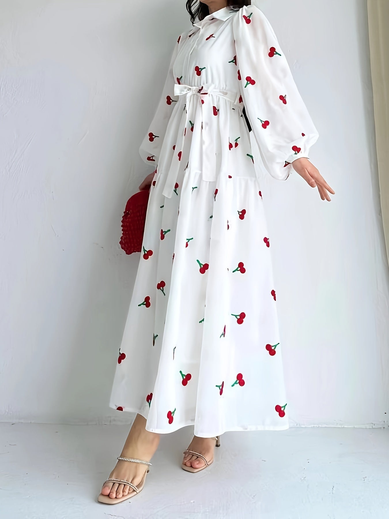 Cherry Print Lantern Sleeve Maxi Dress