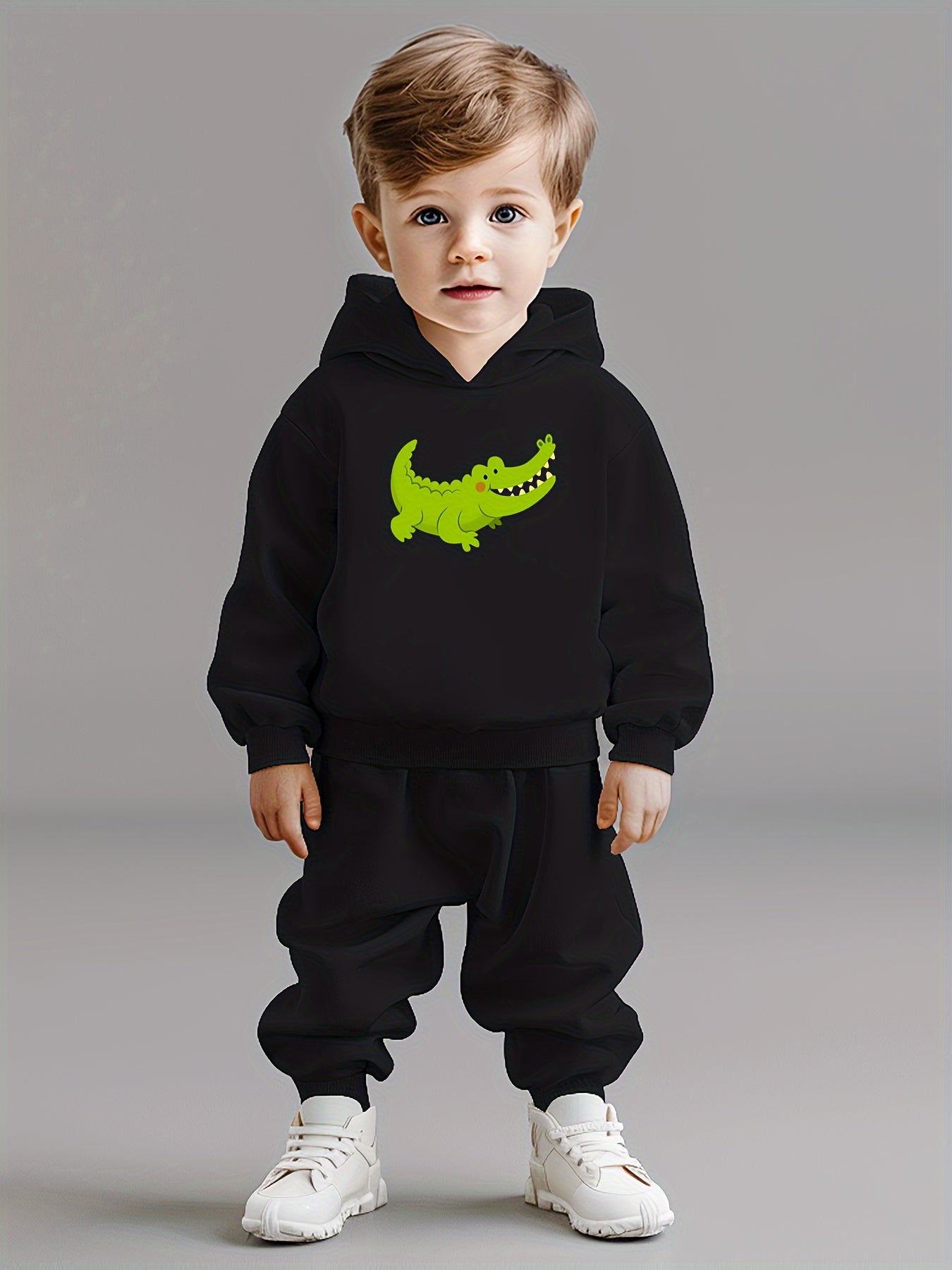 2pcs Boys' Crocodile Cartoon Print Hoodie & Casual Pants Set 🐊💚