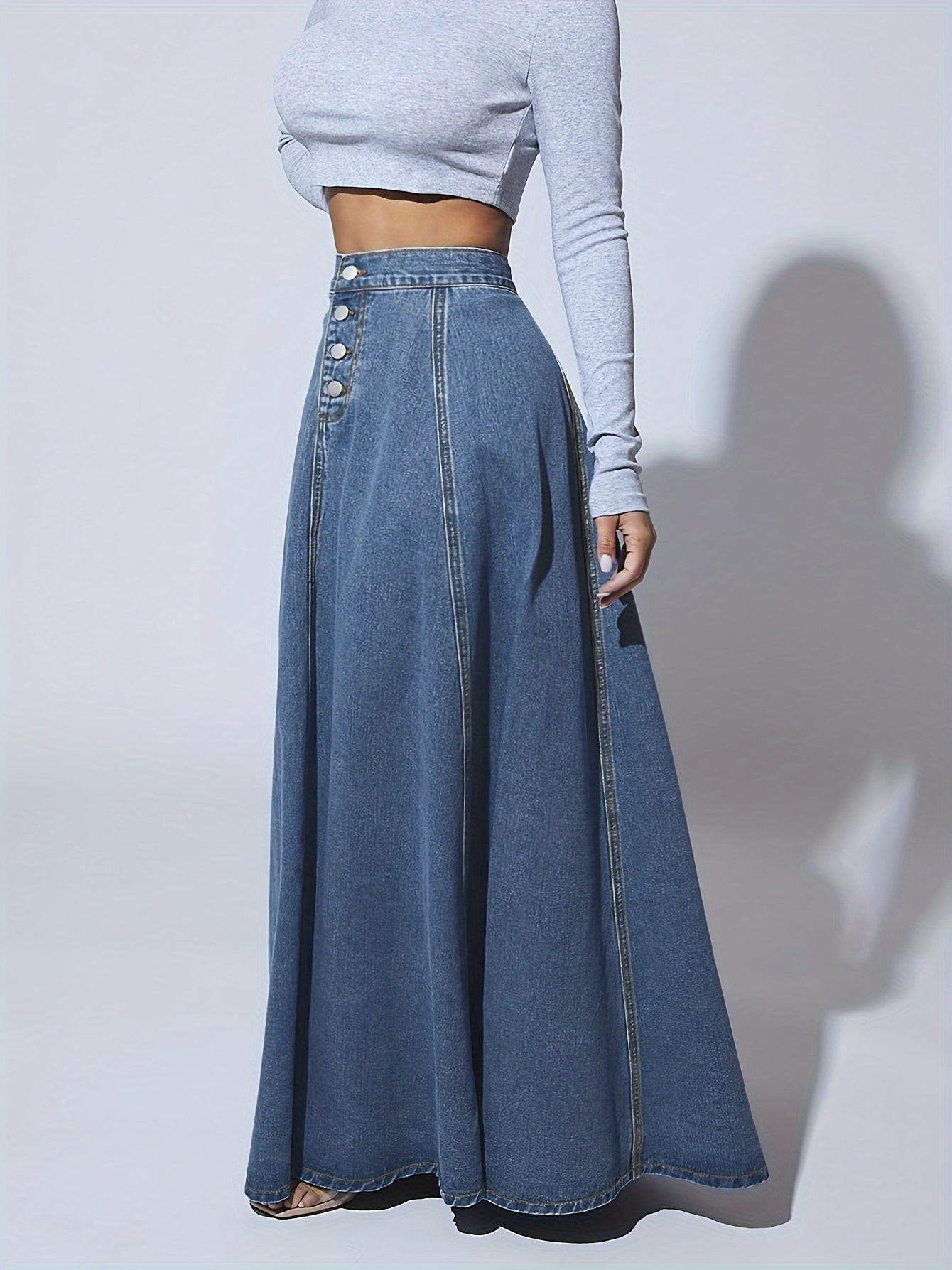 Retro High-Rise Washed Blue Denim Maxi Skirt