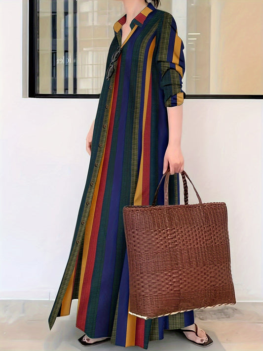 Radiant Rainbow Lapel Shirt Dress