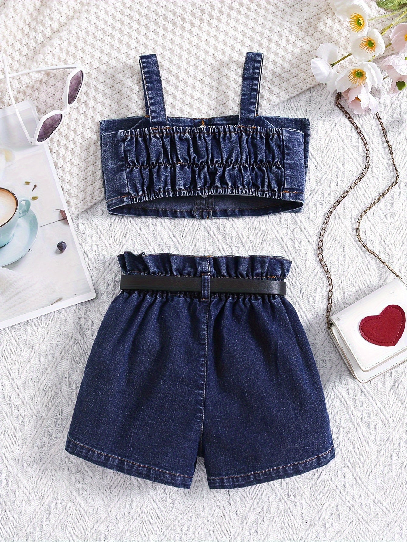 👧 Trendy Denim Set: Bow Décor Suspender Top + Ruffle High-Rise Jean Shorts 👖