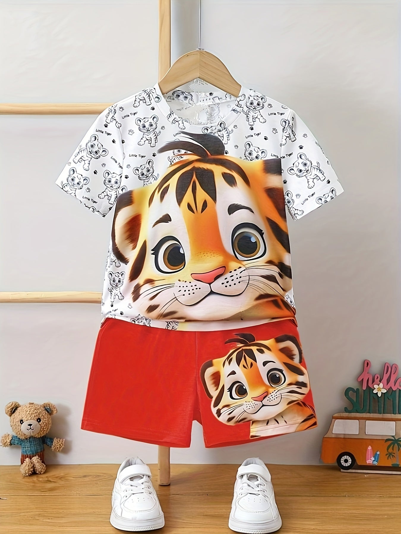 🐯 2-Piece Boys' Tiger Print Casual Outfit Set – Comfy Short Sleeve Tee & Shorts 🌟