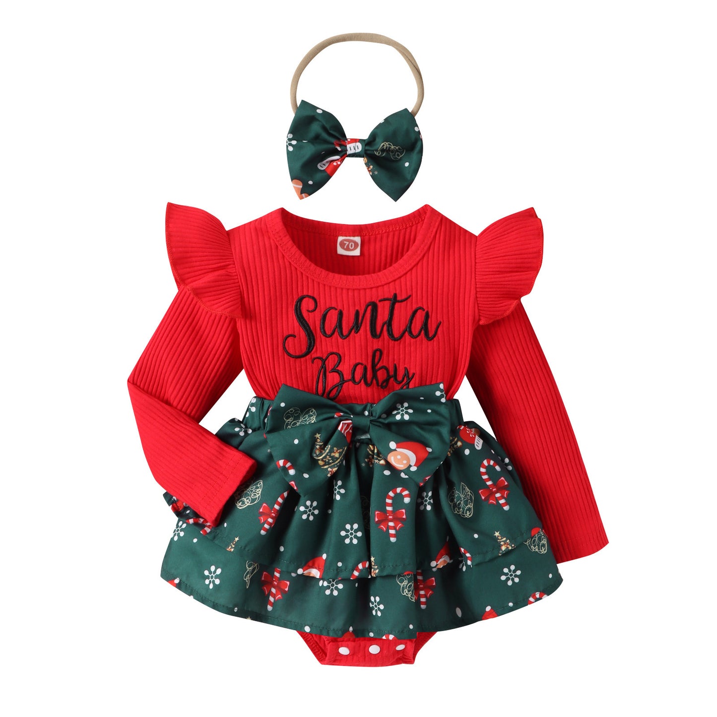 Sunken Stripe Flounced Sleeve Letter Embroidery Santa Claus Printed Dress