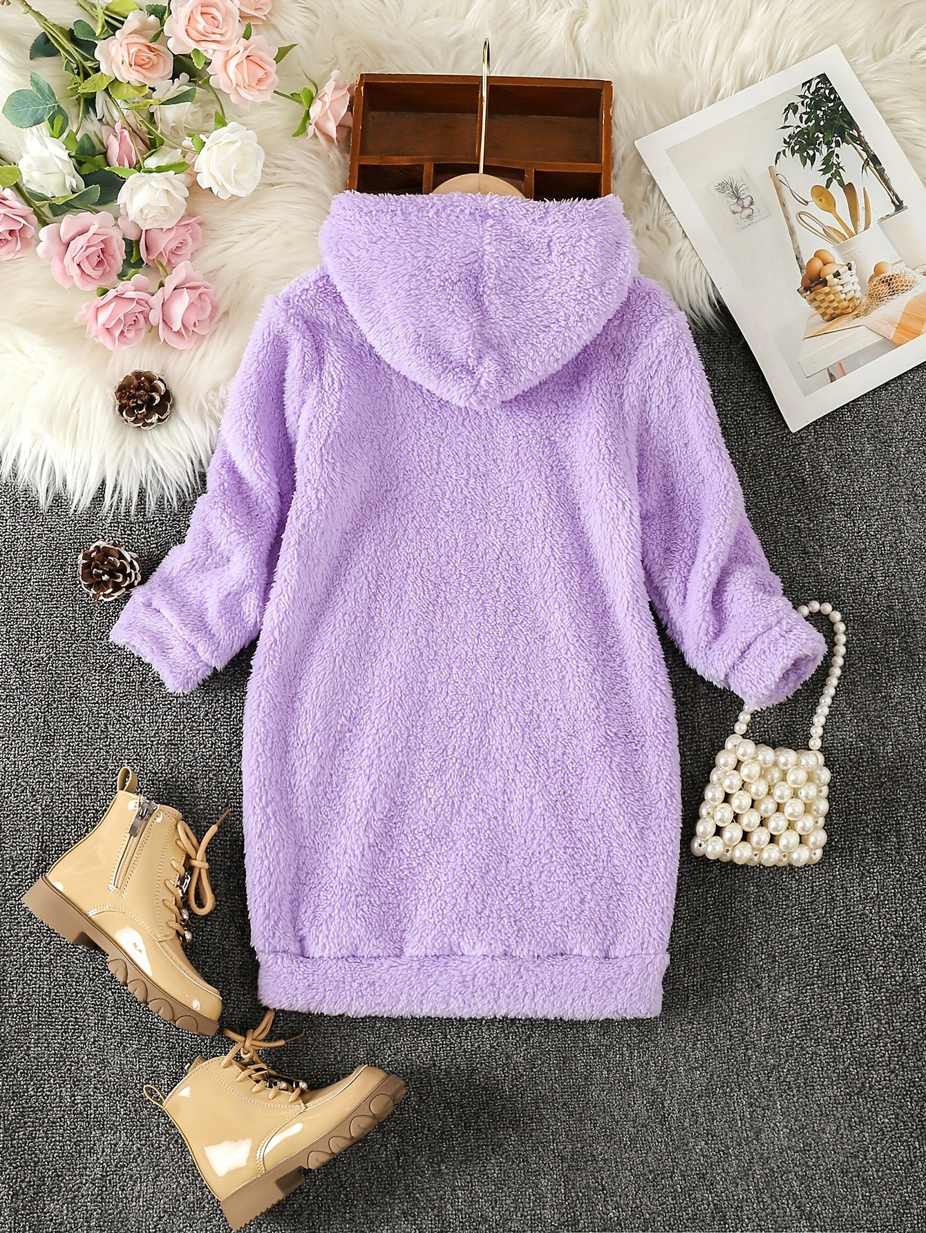 👗 Girls' Reversible Fleece Hooded Long Sleeve Dress with Letter Embroidery 👗