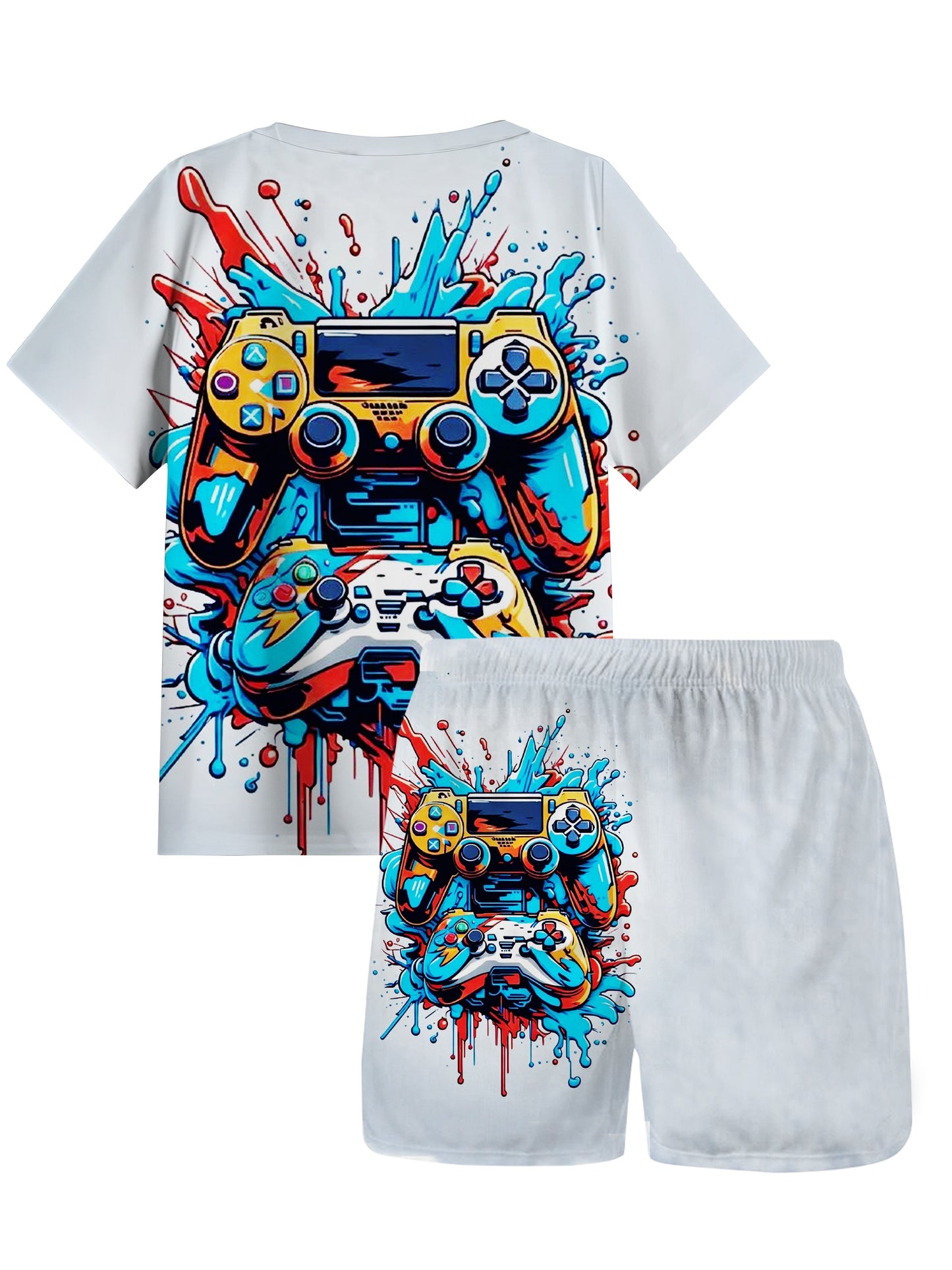 🎮 Boy's 2-Piece Gamepad & Paint 3D Digital Pattern Outfit – Cool & Comfy Summer Set 🖍️