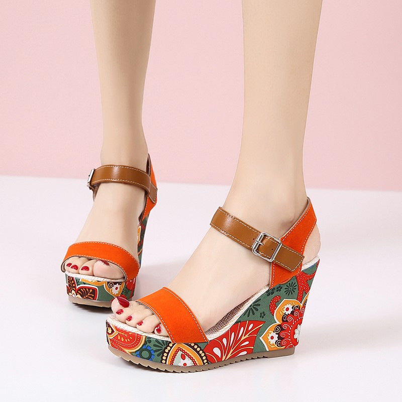 Blossom Lift Embroidered High Wedge Sandals: Fashionable Platform Buckle Shoes