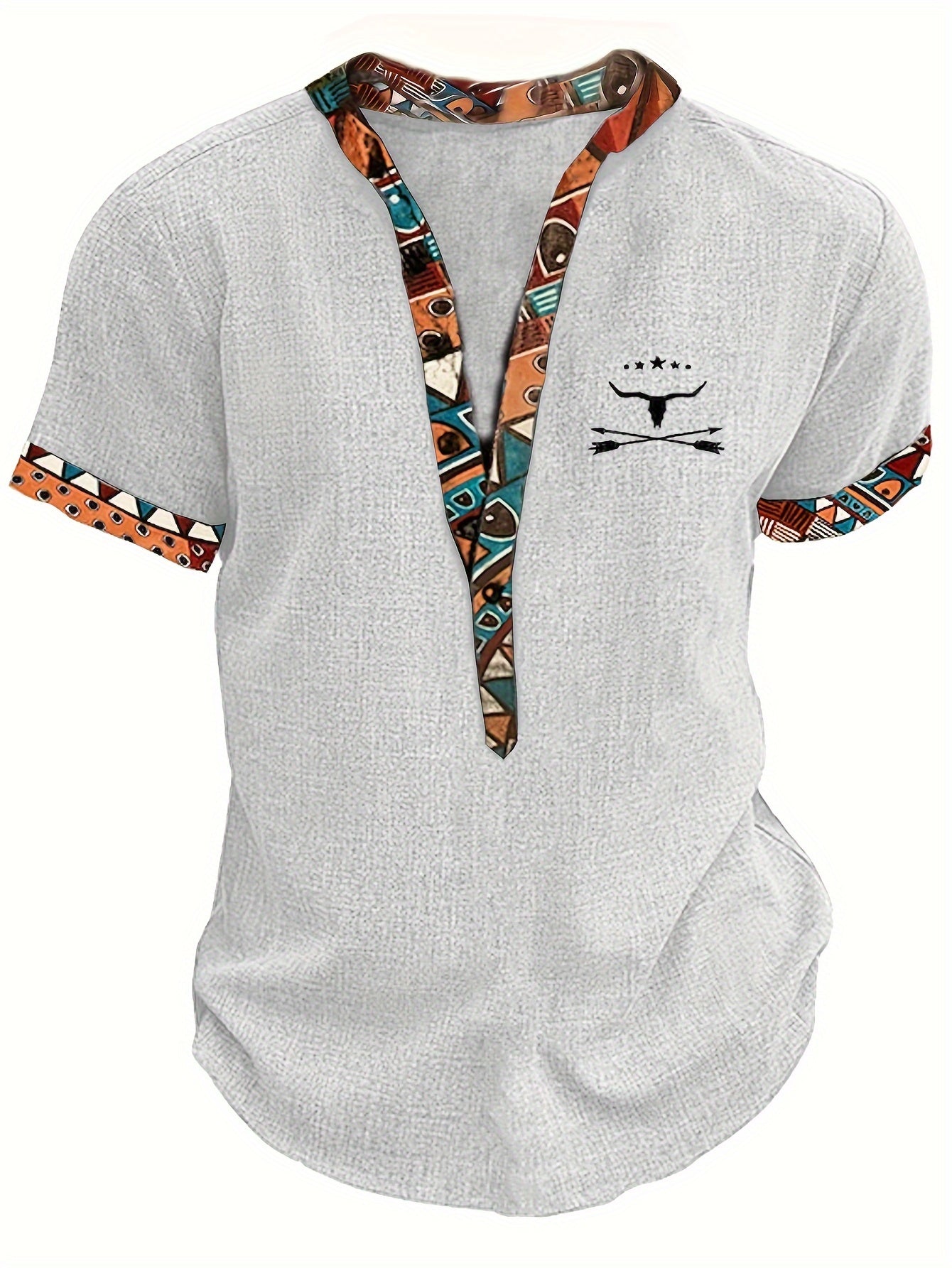 Men's Bull Skull & Ethnic Geometric Print Henley Shirt 🐂✨