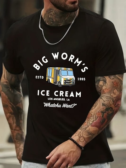 BIG WORM'S ICE CREAM And Anime Van Graphic Prints, Men's Innovative Graphic Design T-shirt, Summer Casual And Comfortable T-shirt, Daily Activity Men's Top