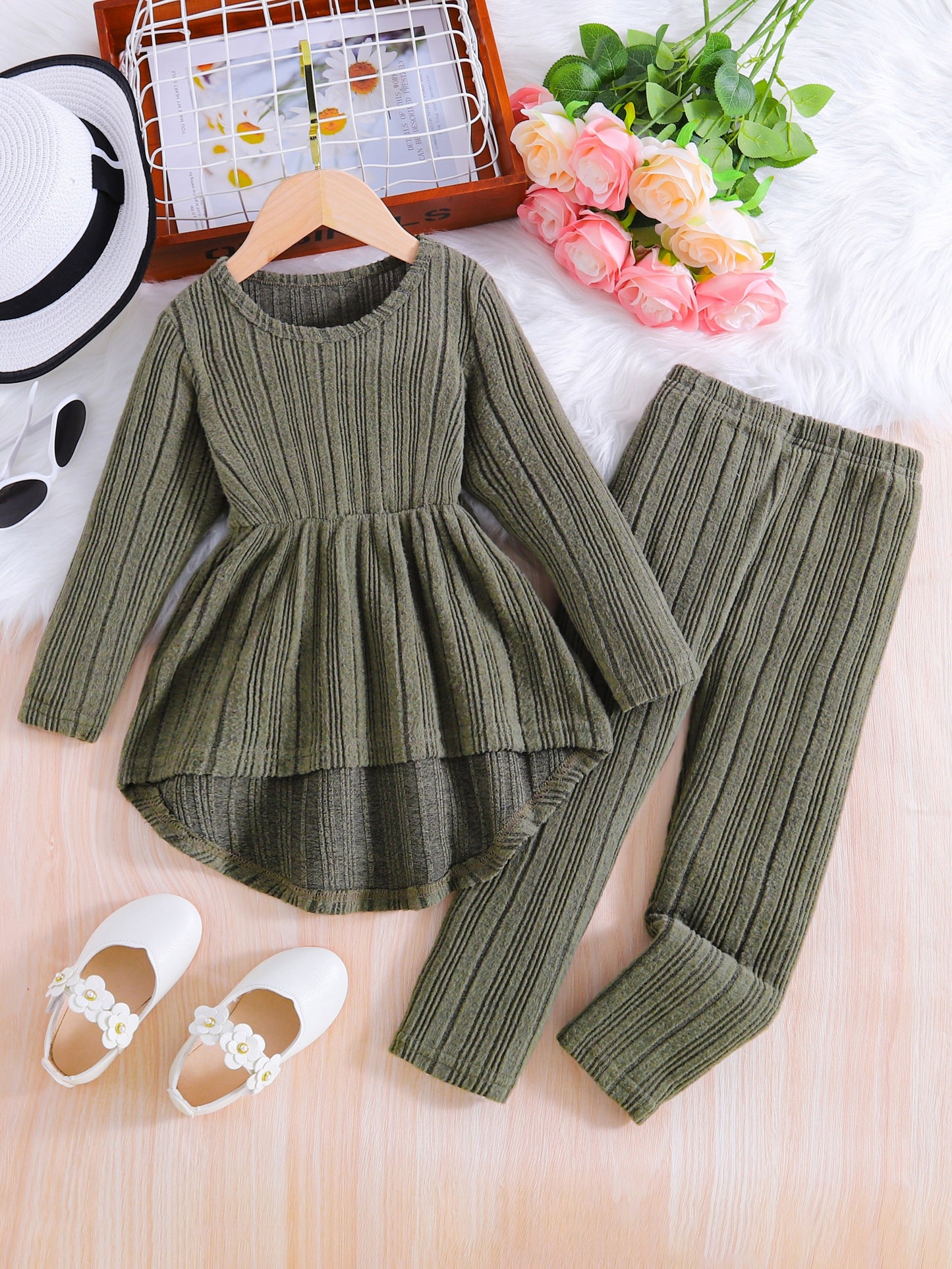 👕 2PCS Ribbed Knit Outfits - Long Sleeve Top + Jogger Pants Set for Kids