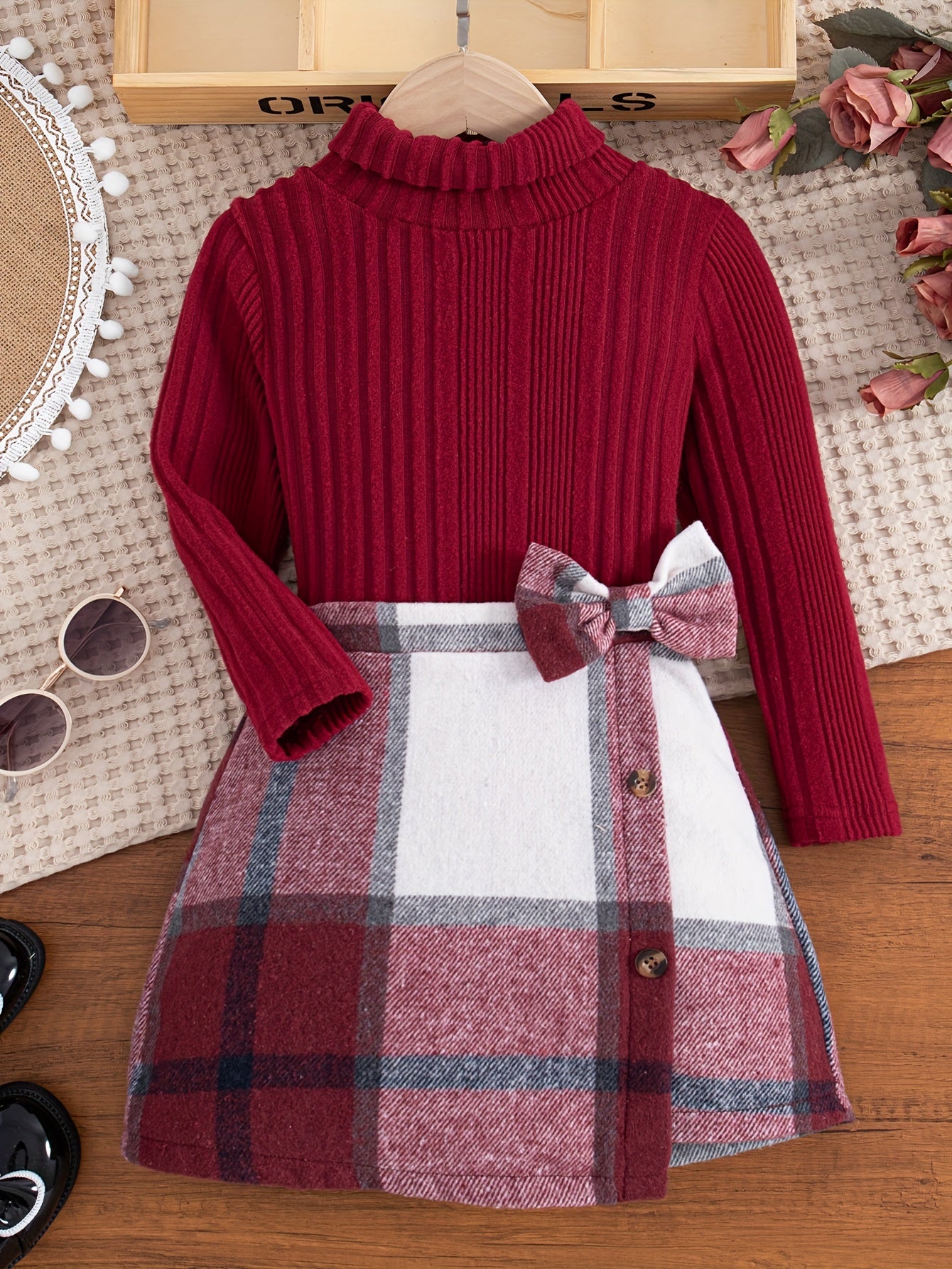 🍂 Elegant 2PCS Girls' Outfit Set: Solid Turtleneck Pullover + Plaid Skirt 🎀