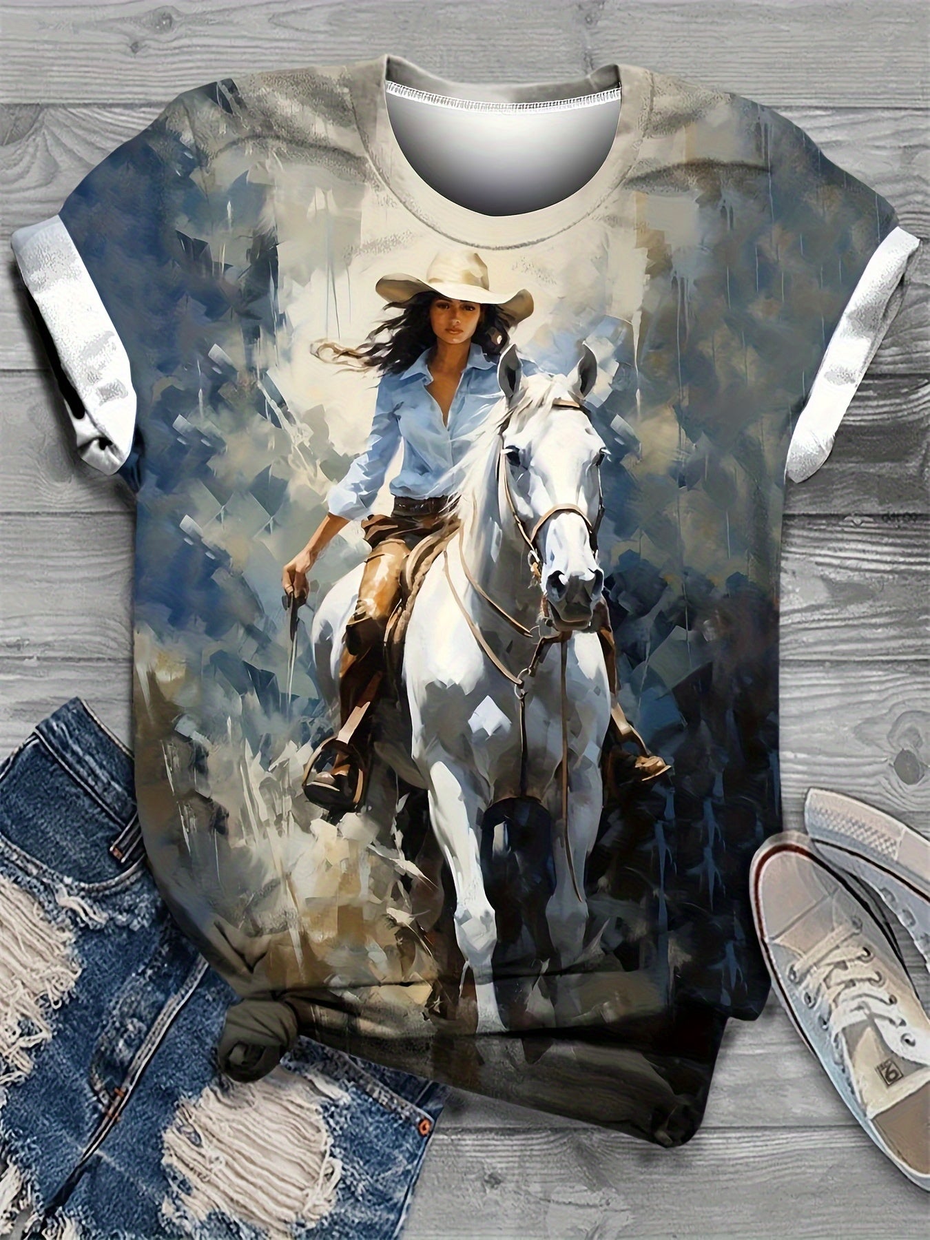 Cowgirl Print Crew Neck T-Shirt