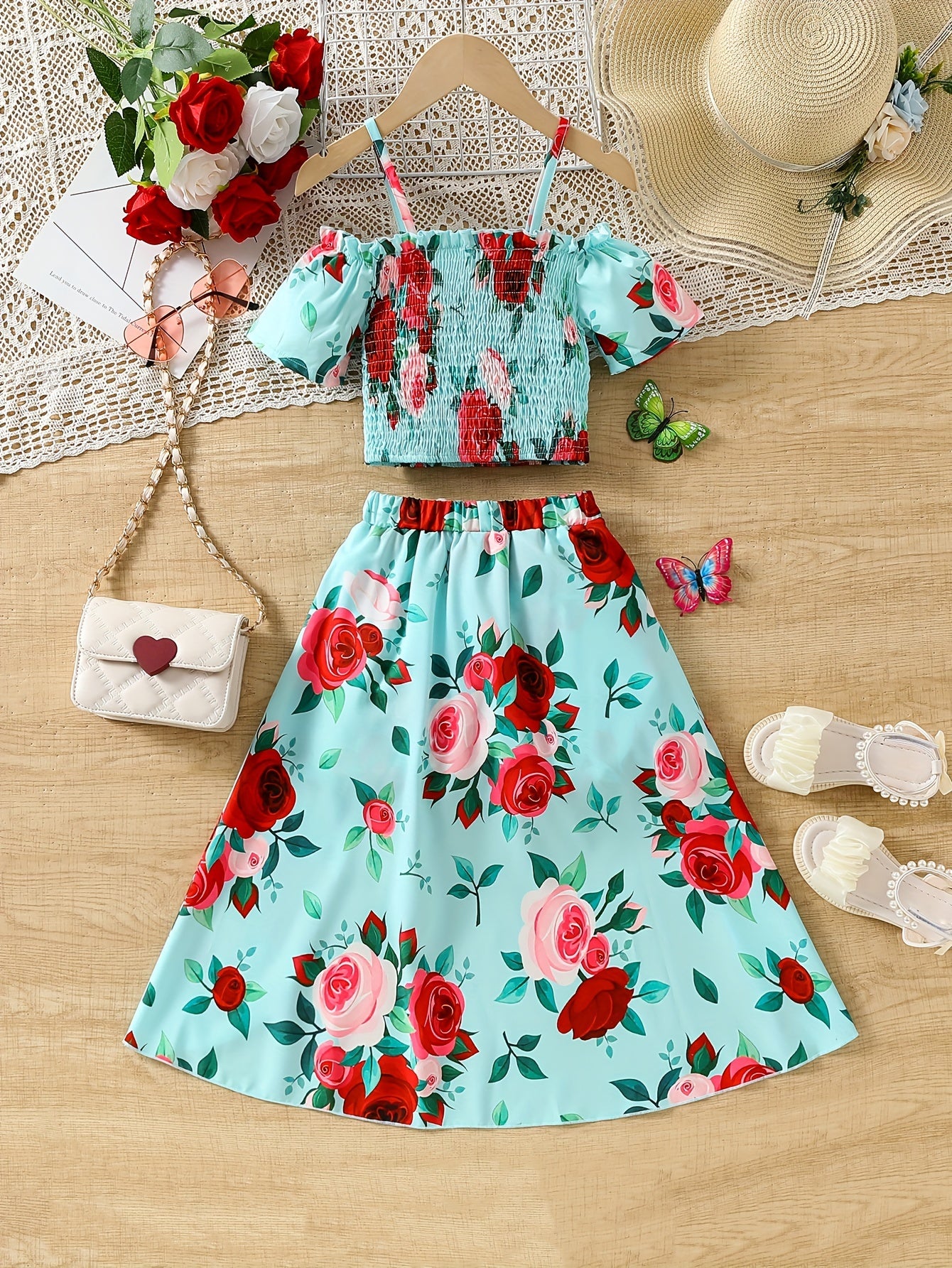 🌸 Girl's Romantic Floral Smocked Top + High-Low Shorts Set 🌺