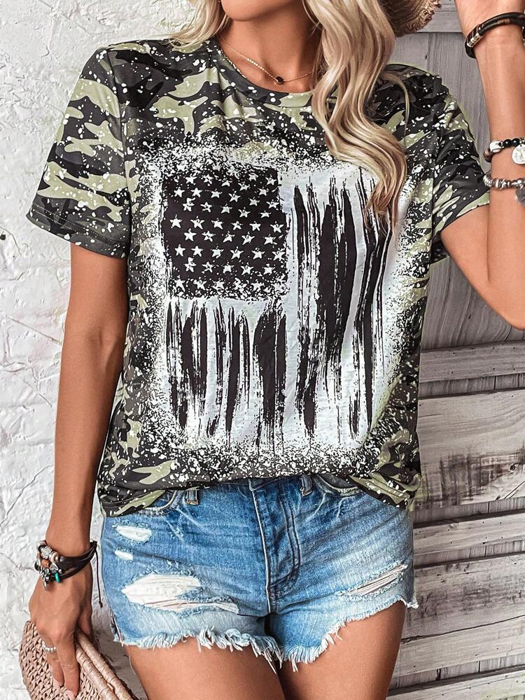 Flag Print T-shirt Crew Neck Casual