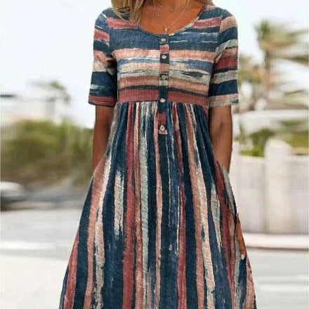 Women's Printed Checks V-neck Short Sleeve Casual Dress