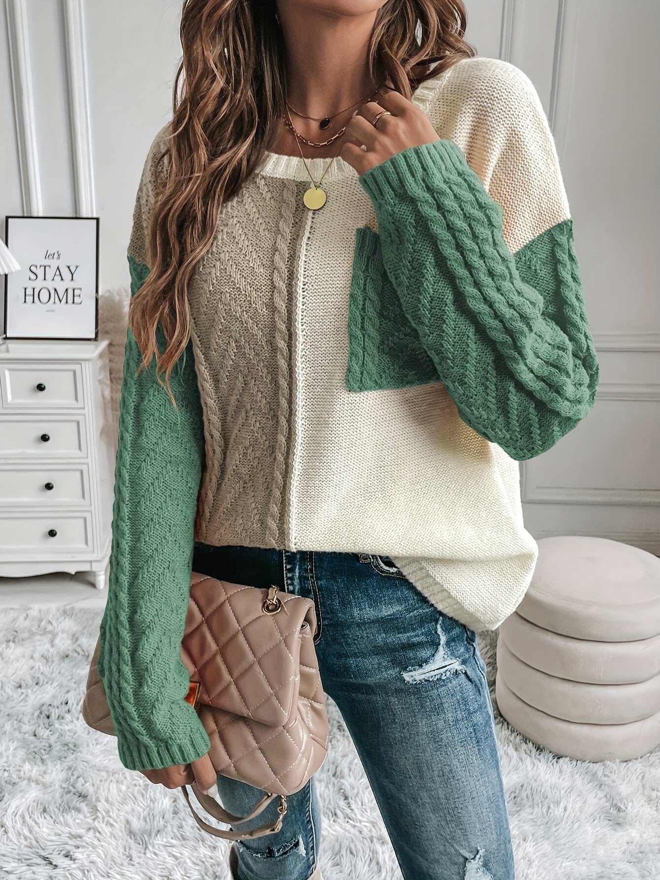 Color Block Crew Neck Sweater