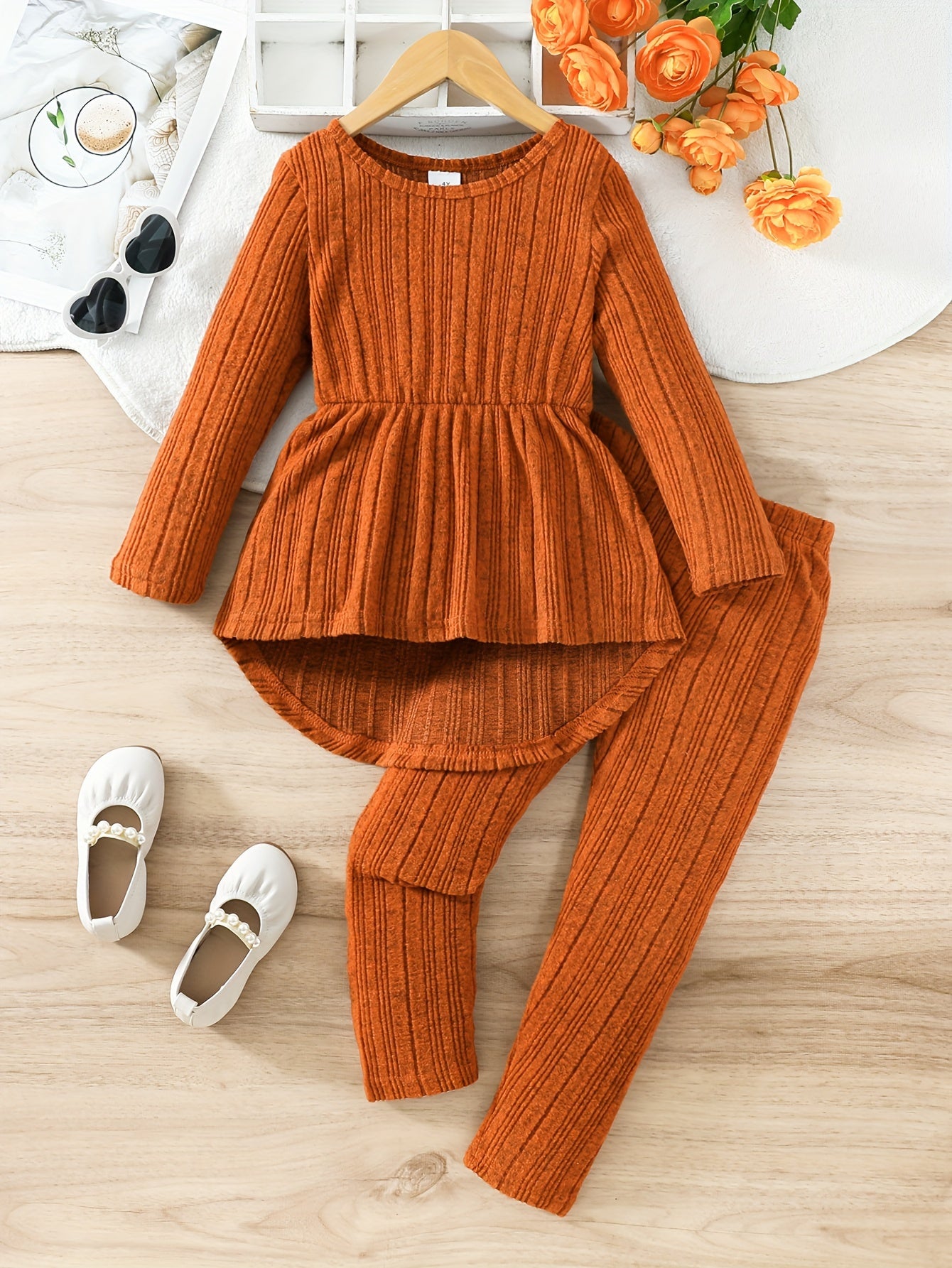 👕 2PCS Ribbed Knit Outfits - Long Sleeve Top + Jogger Pants Set for Kids