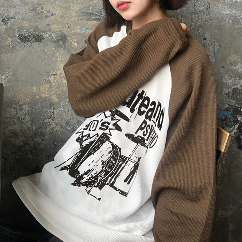 American Retro Casual Contrast Color Printed Sweater