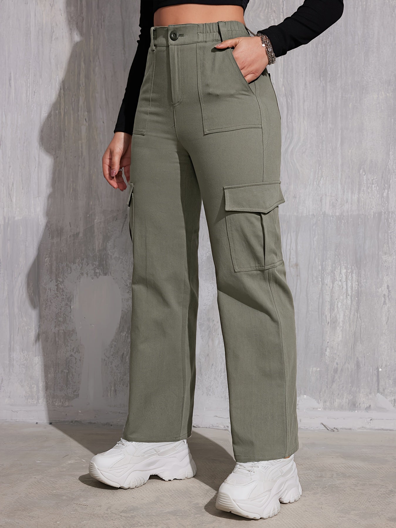 Solid Straight Leg Cargo Pants