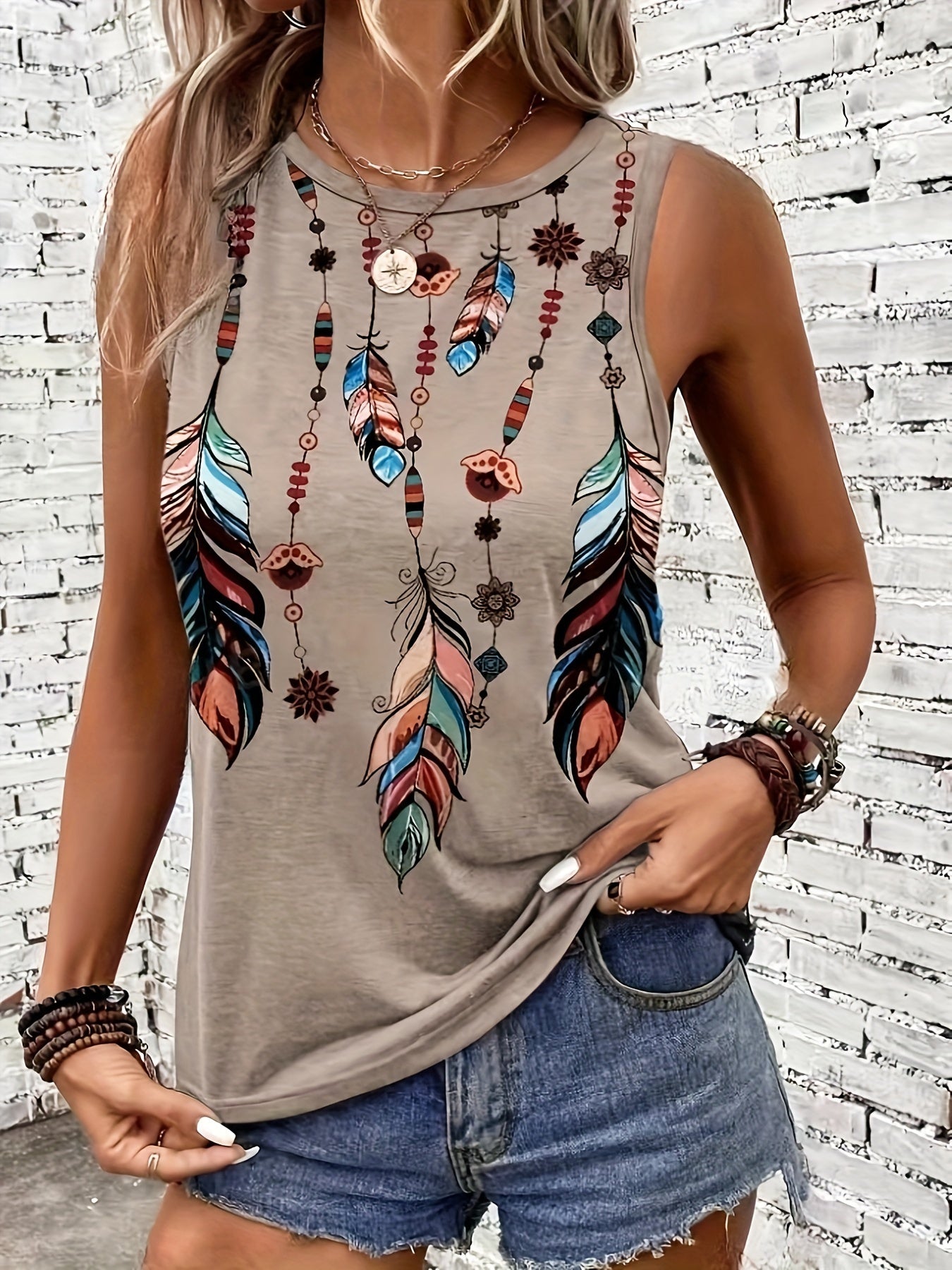 Feather Print Crew Neck Tank Top