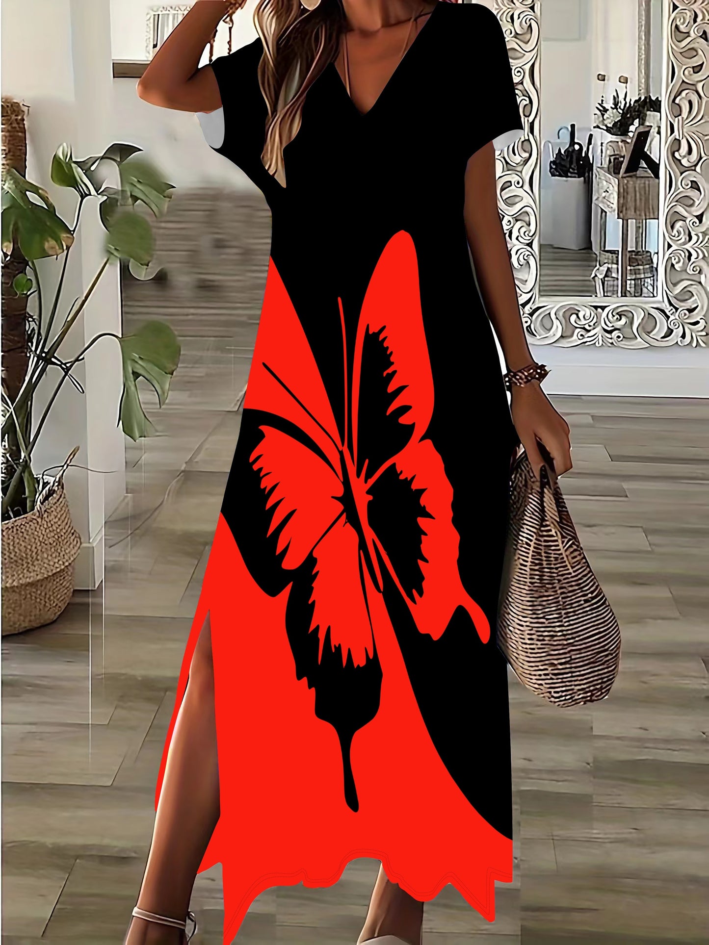 🦋 Butterfly Print Color Block Split Hem Dress